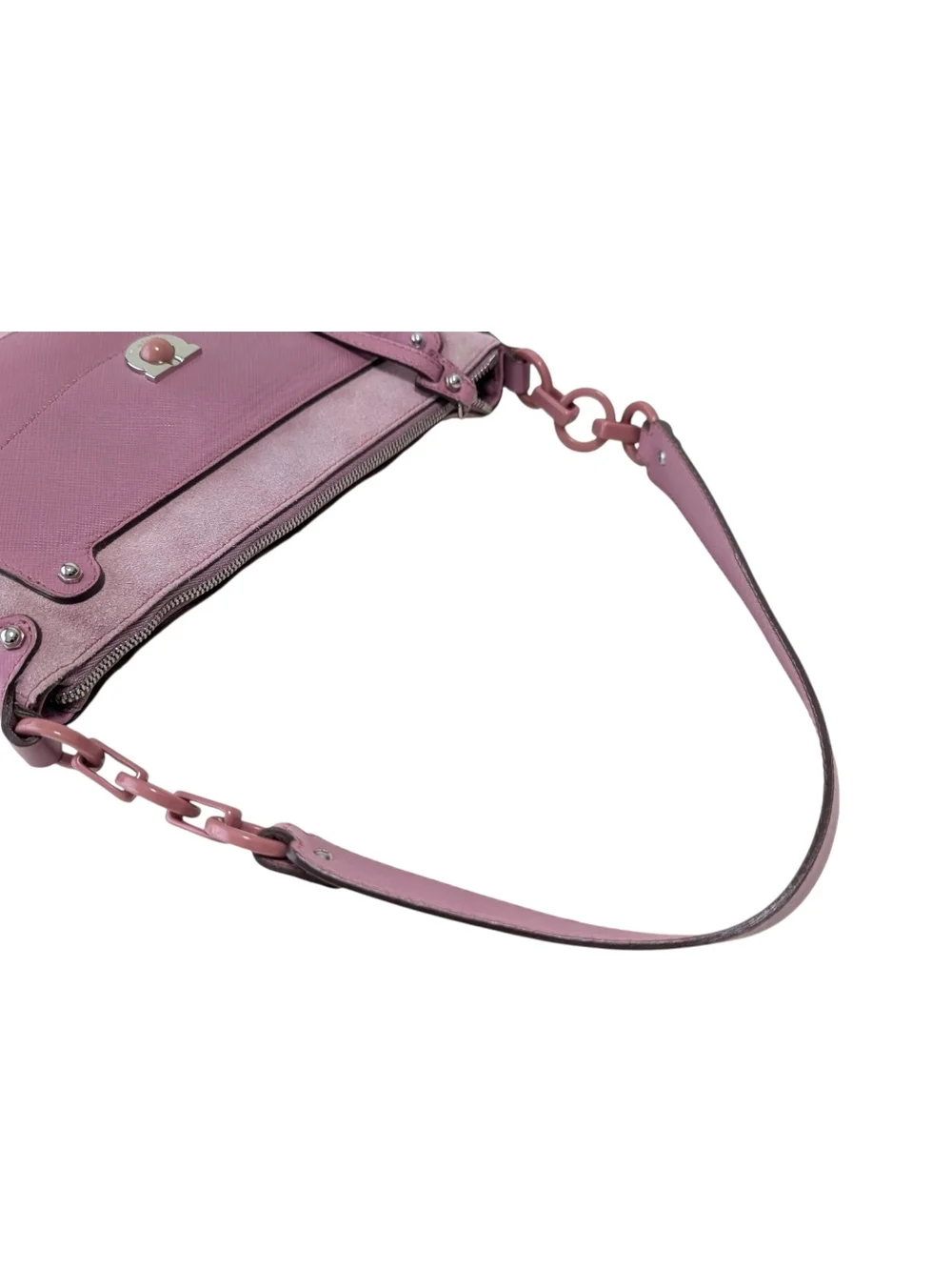 Salvatore Ferragamo Pink Suede & Leather Mini Shoulder Bag With Chain Link Strap - Picture 15 of 16